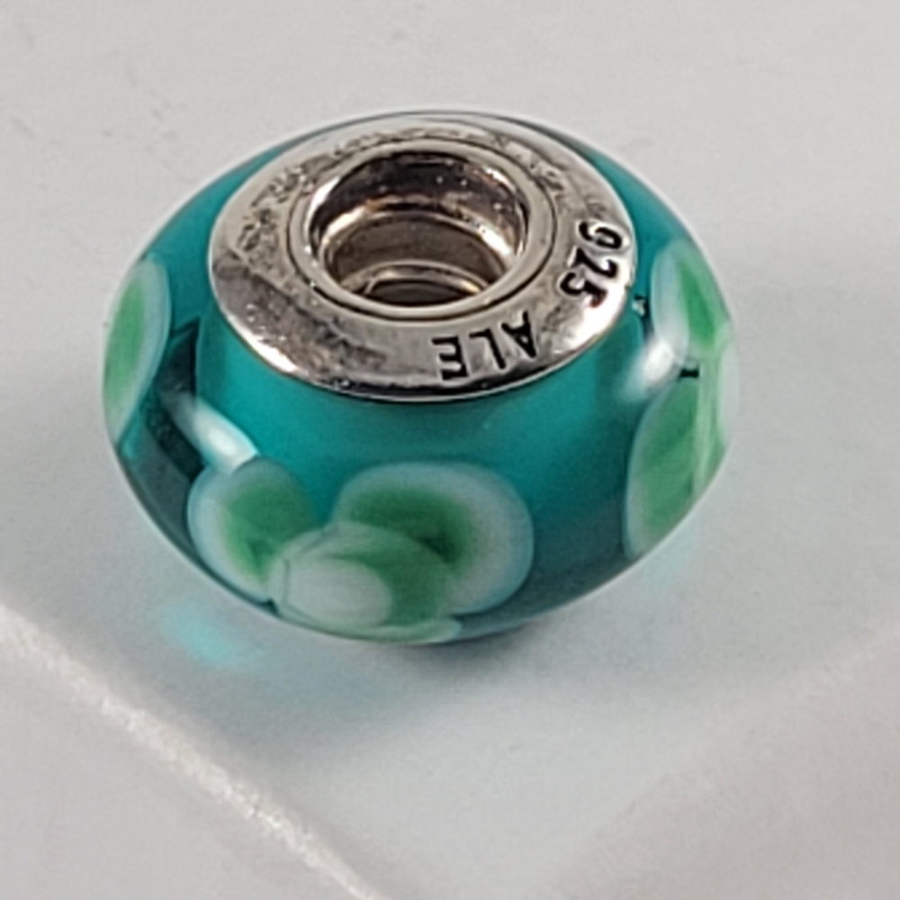 Pandora Silver Teal Flower Murano Glass Bead - Picture 2 of 7
